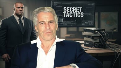 Jeffrey Epstein, with a bodyguard, against a backdrop featuring the words "SECRET TACTICS" on a screen and a stack of hard drives, alluding to the tactics Epstein used to suppress damaging photos.