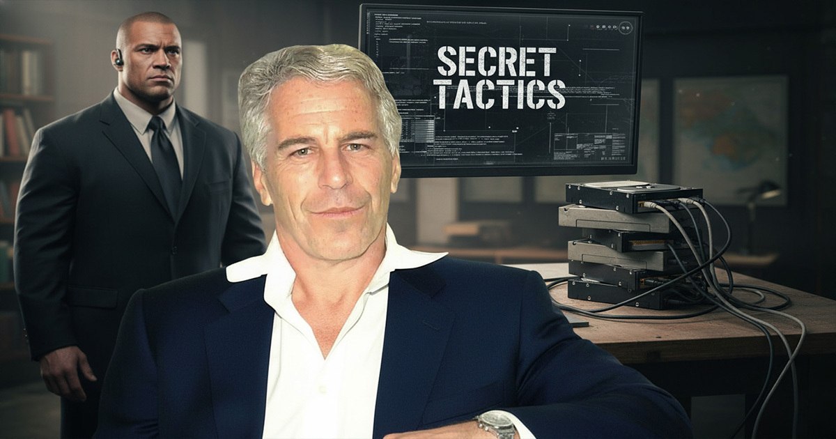 Jeffrey Epstein with a bodyguard against a backdrop reading SECRET TACTICS and a stack of hard drives, alluding to tactics used to suppress photographs.