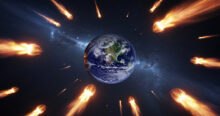 Illustration of Earth surrounded by fiery meteors streaking through space, representing the Taurid meteor shower. The image evokes the potential threat of the Taurid resonant swarm and Halloween fireballs, possibly linked to Comet Encke.
