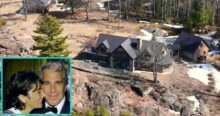 Aerial view of the secluded New Hampshire estate where Ghislaine Maxwell hid before her arrest. The Bradford NH property, purchased with complex Swiss bank transfers, features a large timber-framed luxury home. Inset: a photo of Maxwell and Jeffrey Epstein.