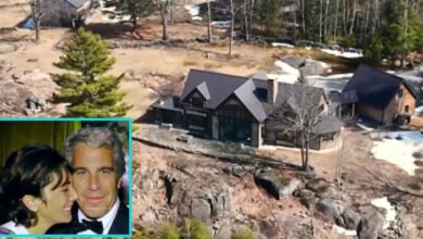 Aerial view of the secluded New Hampshire estate where Ghislaine Maxwell hid before her arrest. The Bradford NH property, purchased with complex Swiss bank transfers, features a large timber-framed luxury home. Inset: a photo of Maxwell and Jeffrey Epstein.