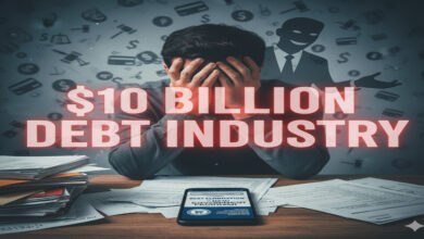 A man overwhelmed by debt sits at a table covered in bills, with a phone displaying "Debt Elimination - Gov Program." A shadowy figure looms behind him, representing the $10 Billion Debt Industry. This image relates to the EXPOSED: The Harsh Reality Of The Ten Billion Dollar Debt Relief Industry blog.