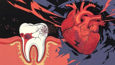Illustration showing a damaged tooth with red inflammation next to a red heart with radiating stress lines, depicting the link between gum disease and heart health risks.