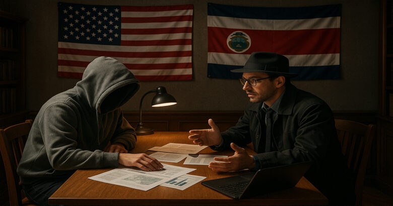 A hooded figure confronts a man in a fedora, glasses, and jacket across a table, illuminated by a desk lamp. The setting is a room with flags of the United States and Costa Rica, likely related to a US Crackdown on Costa Rican Corruption. Papers and a laptop sit on the table, suggesting a serious discussion about the whistleblower's complaint.