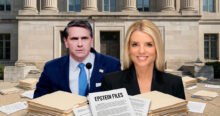 Man and woman stand before the Department of Justice surrounded by "Epstein Files". The image relates to claims Todd Blanche made, that Trump ousting Bondi as AG had nothing to do with Epstein files.