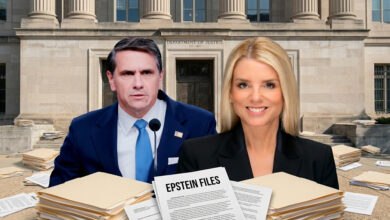 Man and woman stand before the Department of Justice surrounded by "Epstein Files". The image relates to claims Todd Blanche made, that Trump ousting Bondi as AG had nothing to do with Epstein files.