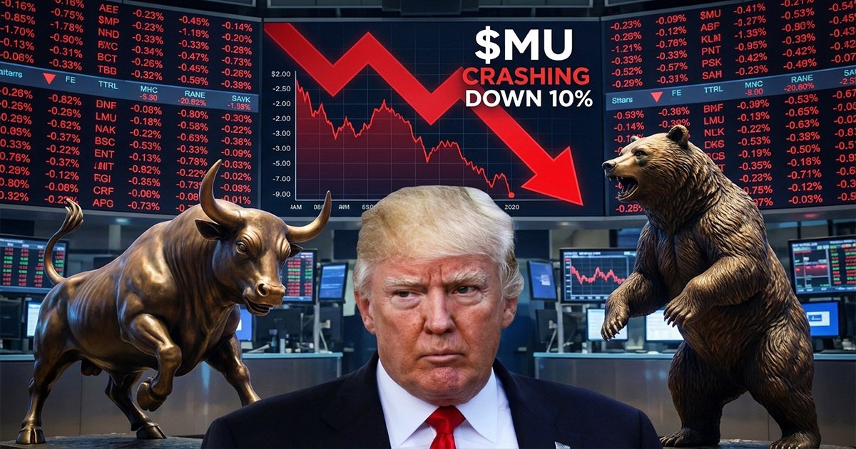 Donald Trump beside a falling Micron stock graphic after a Truth Social praise post, reported by The AEGIS Alliance