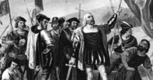 Engraving of Christopher Columbus, sword raised, claiming land. This image echoes debates revived by the Trump White House Columbus statue, highlighting Columbus's legacy and historical myths.