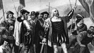 Engraving of Christopher Columbus, sword raised, claiming land. This image echoes debates revived by the Trump White House Columbus statue, highlighting Columbus's legacy and historical myths.