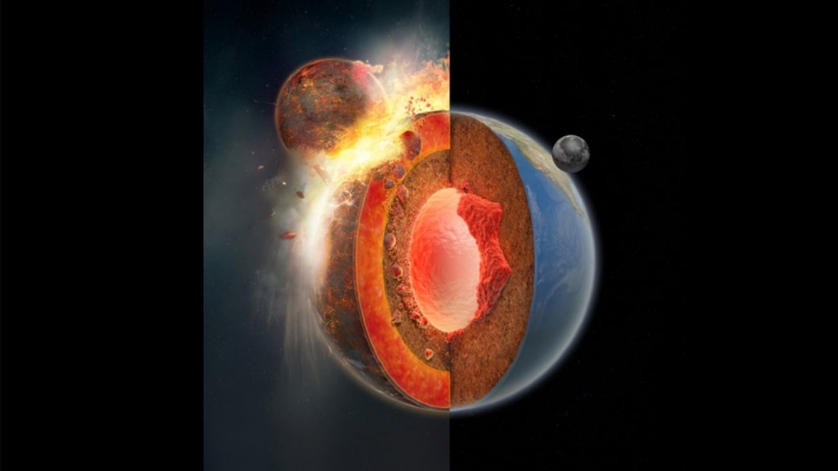 a diagram of the earth's structure In this depiction, fragments of the historic celestial body Theia descend and gather at the base of the Earth’s mantle, giving rise to two "bulges" known as significant low-velocity provinces (LLVPs) located far beneath the Earth's surface.