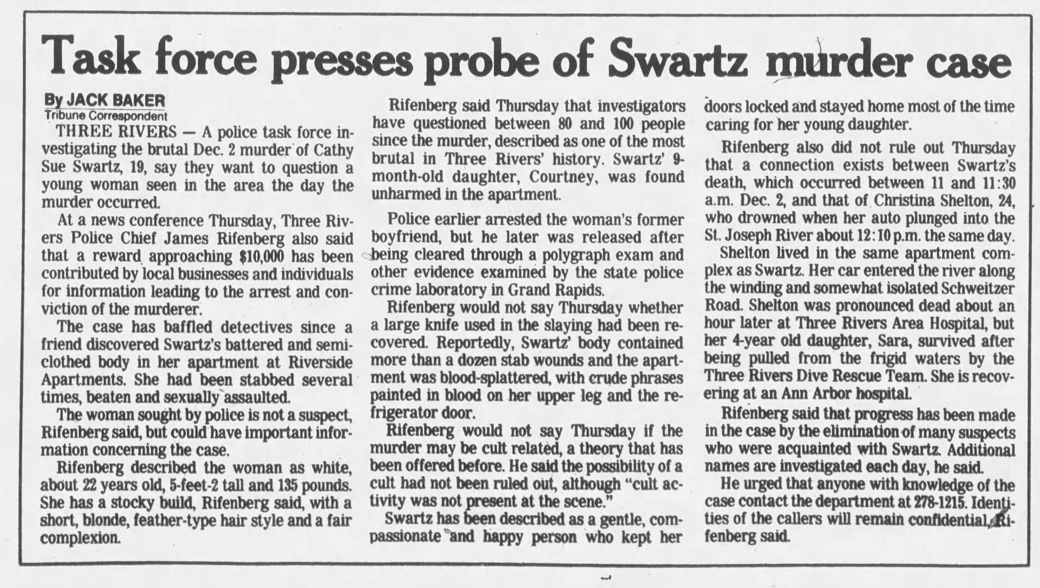 Old newspaper from The South Bend Tribune not long after the Decembe 2, 1988 Swartz murder.