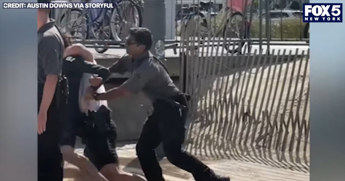 Wild video shows Jersey Shore police officers put surfer in chokehold over beach admission pass One witness can be heard yelling, "Get off of him!" as the surfer is forcefully subdued.