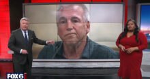 News anchors report on Harry Wait's Wisconsin election fraud trial. Wait's image is displayed on a large screen behind them. FOX 6 logo visible.