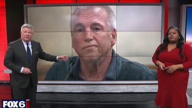 News anchors report on Harry Wait's Wisconsin election fraud trial. Wait's image is displayed on a large screen behind them. FOX 6 logo visible.