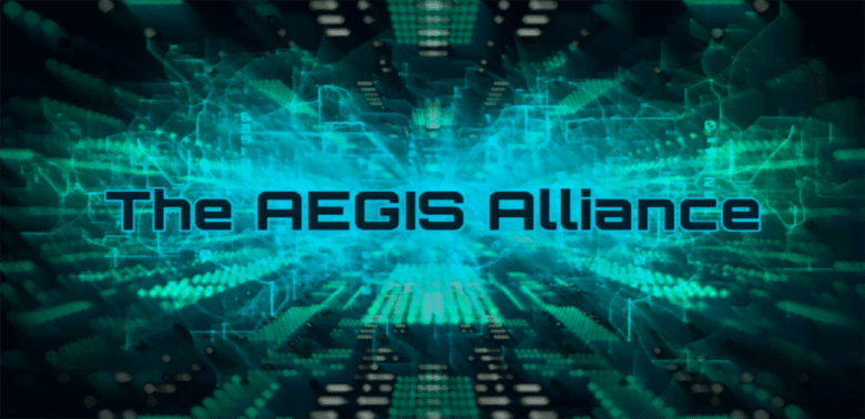 The AEGIS Alliance logo, a futuristic design with the words "The AEGIS Alliance" in bold, glowing blue letters set against a vibrant, complex background of interconnected circuits and digital energy, representing cybersecurity and data protection.