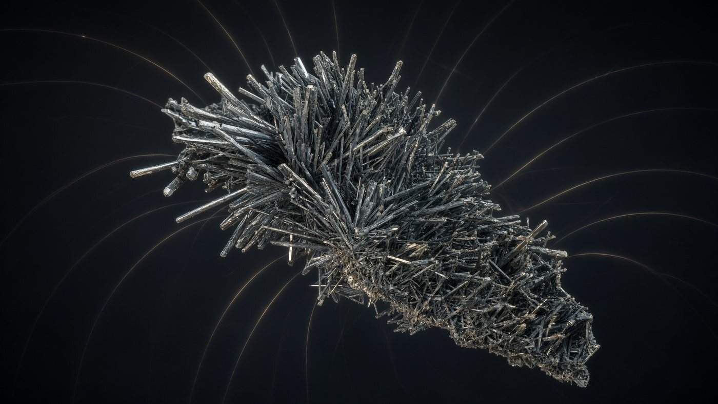 Antimony Needles Restaged as a Cryogenic Specimen Metallic needle crystals isolated against a dark laboratory background with faint magnetic arcs