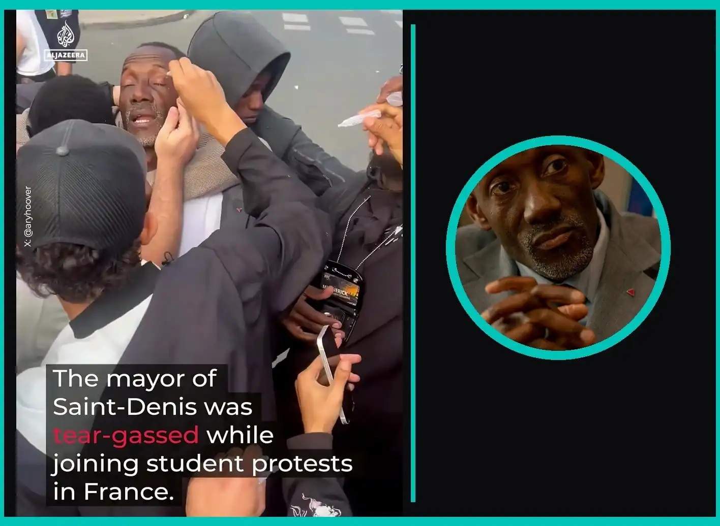 aint-Denis Mayor Bally Bagayoko has saline poured into his eyes after tear gas, beside a teal-framed portrait of him