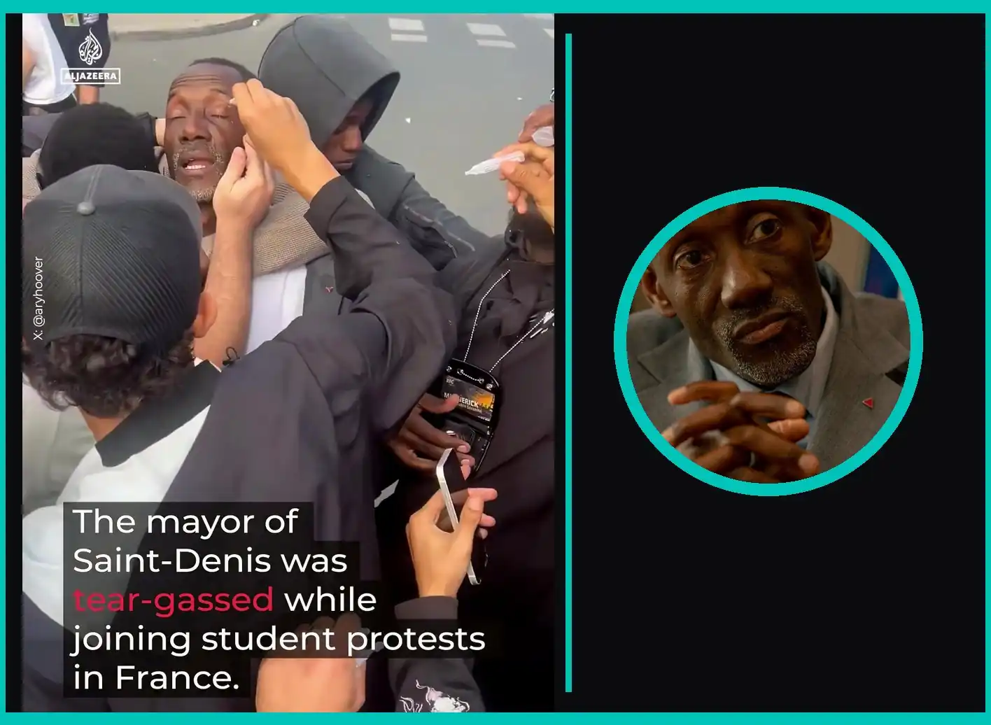 Saint-Denis Mayor Bally Bagayoko has saline poured into his eyes after tear gas, beside a teal-framed portrait of him