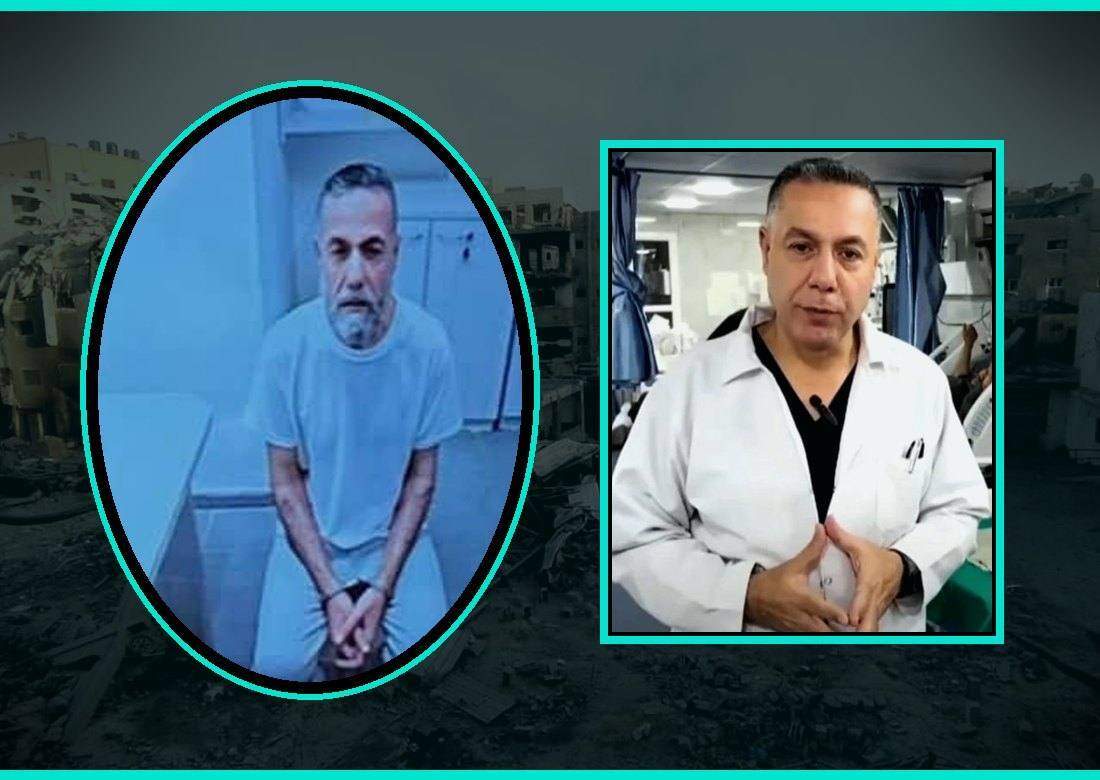 Dr Hussam Abu Safiya kneeling in Israeli detention beside an earlier photograph of him in a white coat at Kamal Adwan Hospital