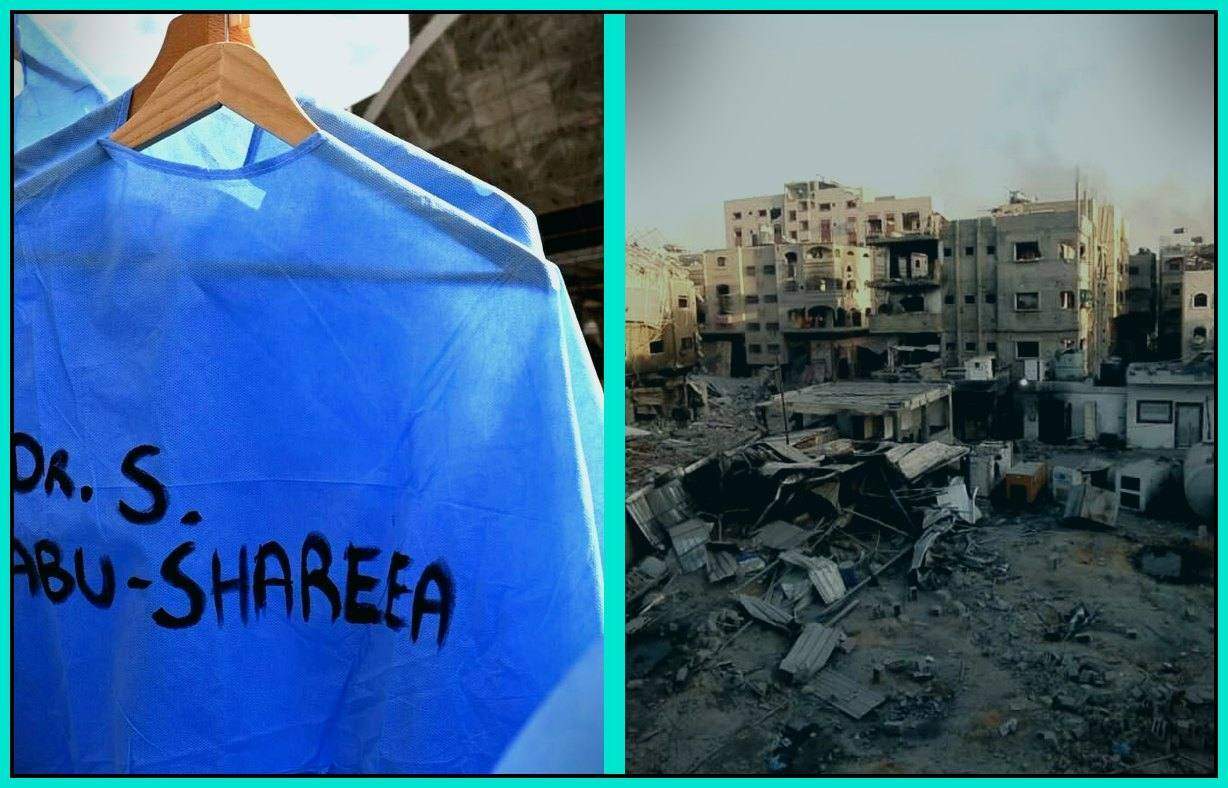 An empty blue scrub labeled Dr S Abu-Shareea hangs beside rubble from a destroyed hospital in Gaza