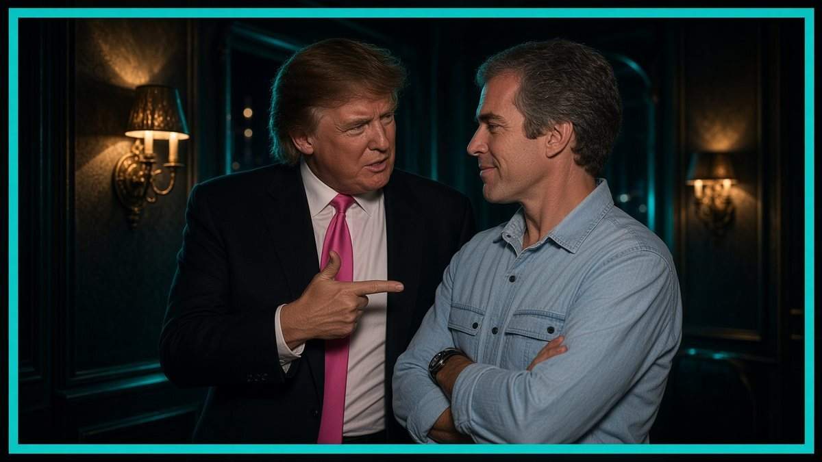 Edited image of Donald Trump pointing beside Jeffrey Epstein, the pairing from the November 1992 Mar-a-Lago party