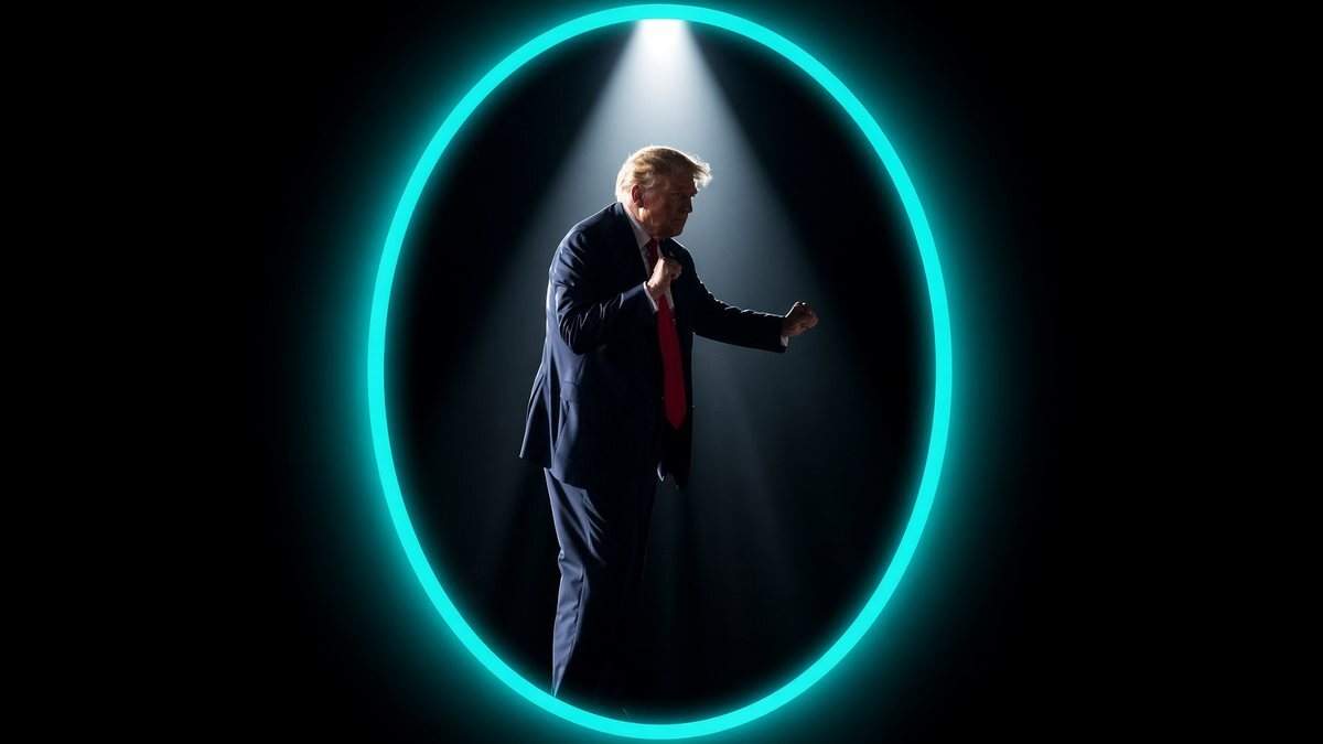 Donald Trump doing the Trump YMCA dance inside a bright teal oval under a spotlight
