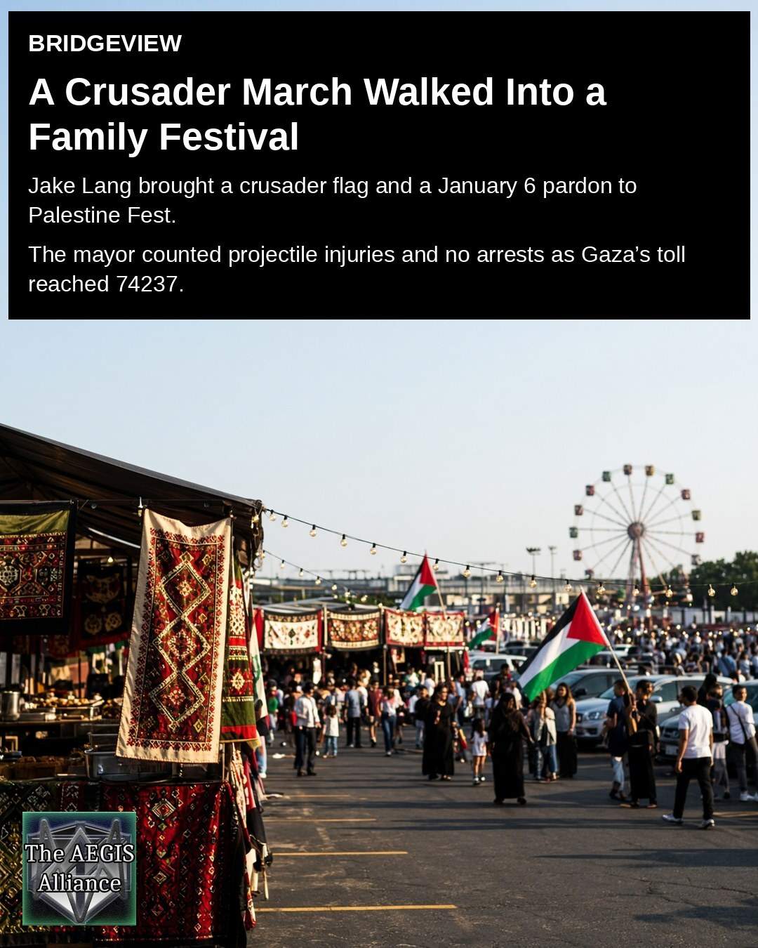 Vertical graphic with white text on a black panel over festival flags, about Jake Lang’s crusader march at Palestine Fest