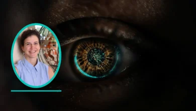 Veterinary ophthalmologist Billie Beckwith-Cohen in a teal oval beside a close-up eye with a teal retinal circuit overlay