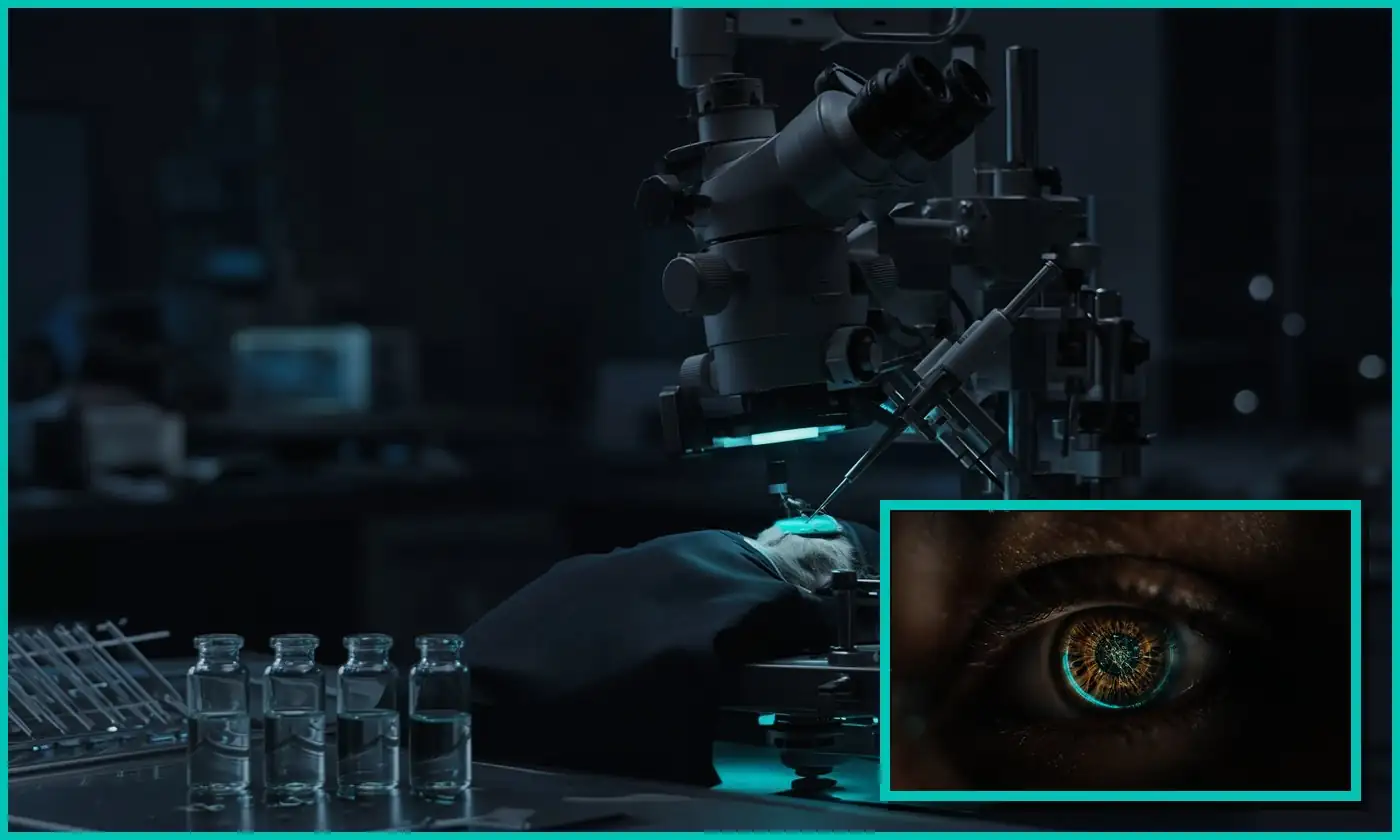 Dim veterinary eye surgery suite with a teal-framed inset of an iris