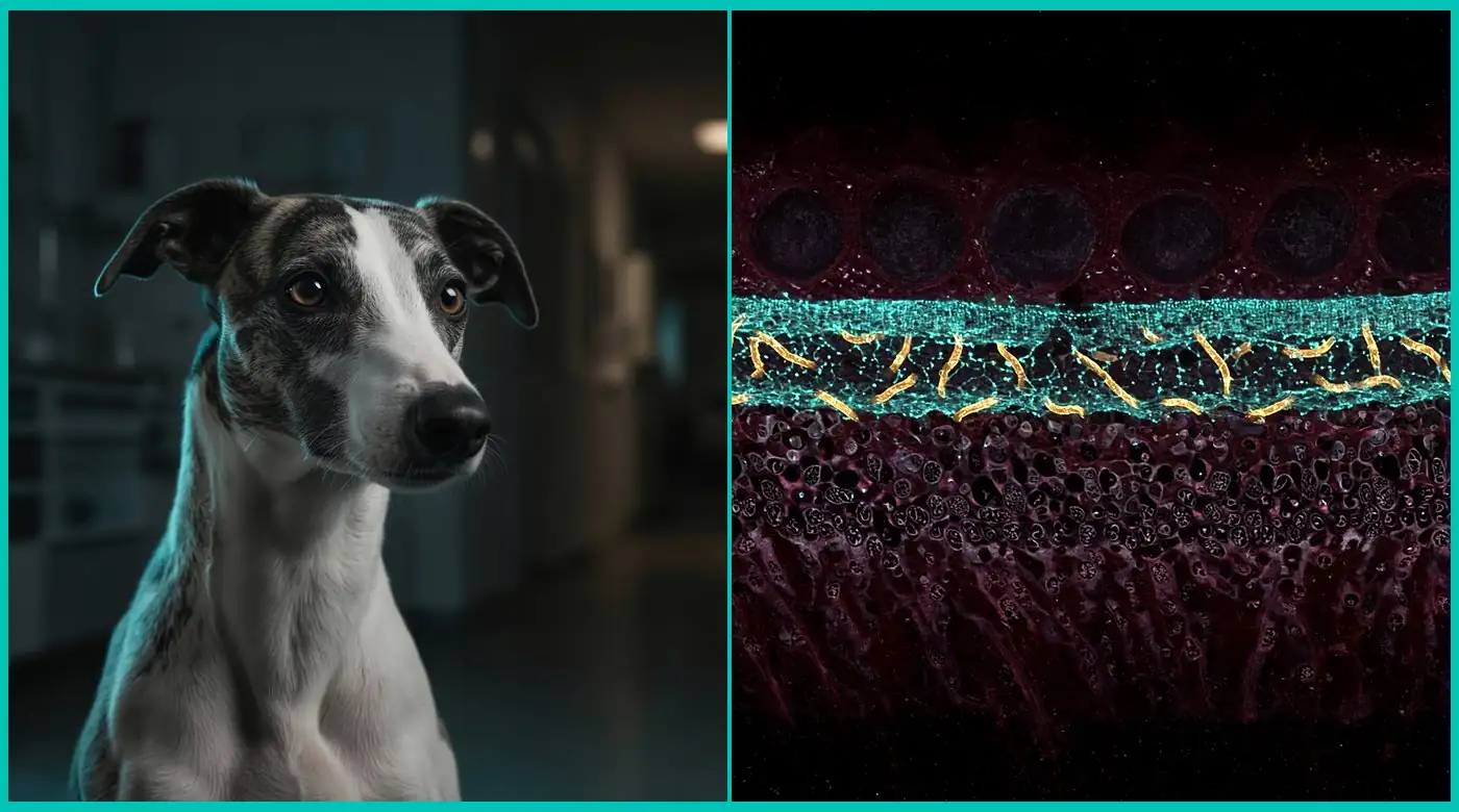 Illustrated whippet beside a stylized cross-section of retinal layers with a teal synaptic band