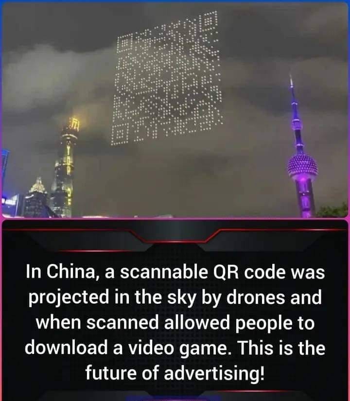 china scannable qr code projected in the sky by drones to download a video game black hat hackers will use this for ransomware rootkits someday