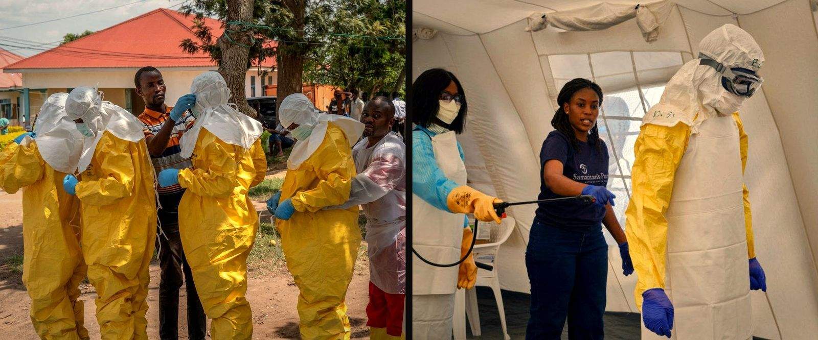Responders help one another into yellow protective suits outside a clinic, beside a colleague being sprayed down inside a decontamination tent