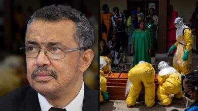 WHO Director-General Tedros Adhanom Ghebreyesus, removed from a press backdrop and set against the outbreak, beside responders in yellow protective suits kneeling at a wooden coffin in Congo