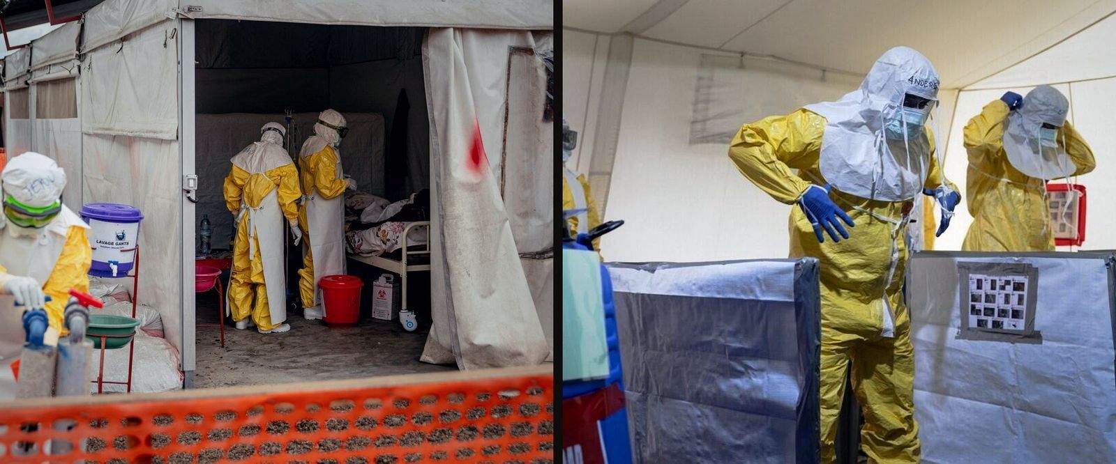 Health workers in yellow protective suits at an Ebola treatment tent, beside colleagues pulling on hoods inside a ward