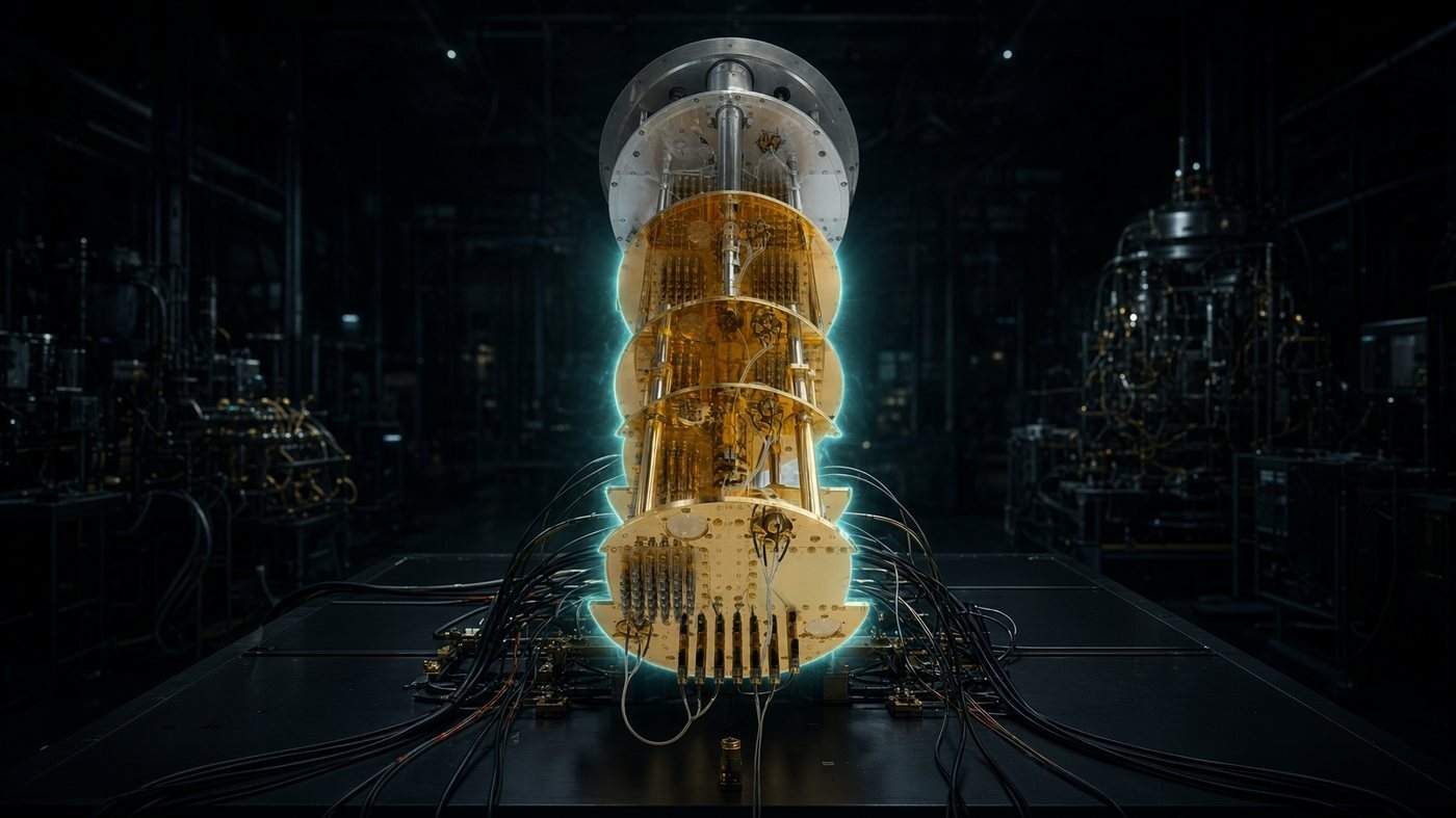 Cryogenic Stack With an Edge Glow Gold cryogenic plates in a dark laboratory with cyan light tracing the outer edges