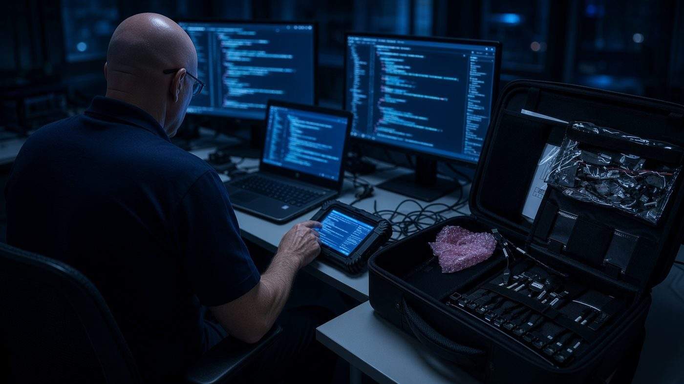 Examiner seen from behind reviews laptops in a dim digital forensics lab