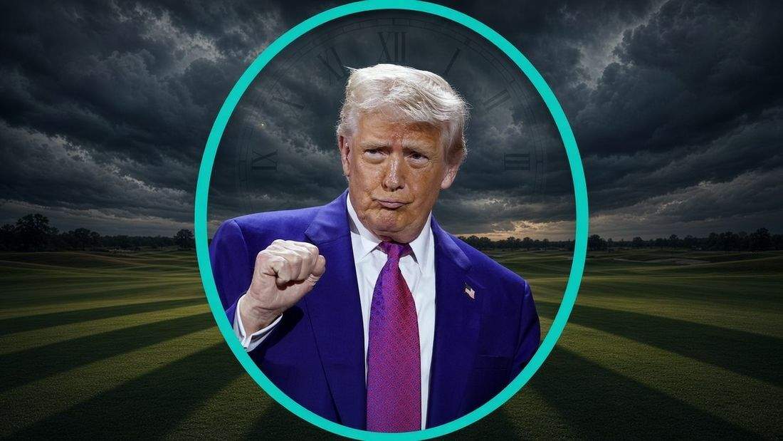 Donald Trump and the golf case for daylight saving Donald Trump in a teal oval over a dusk golf course with a faint clock