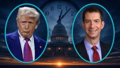 Donald Trump and Tom Cotton in teal frames against a winter dawn and a clock