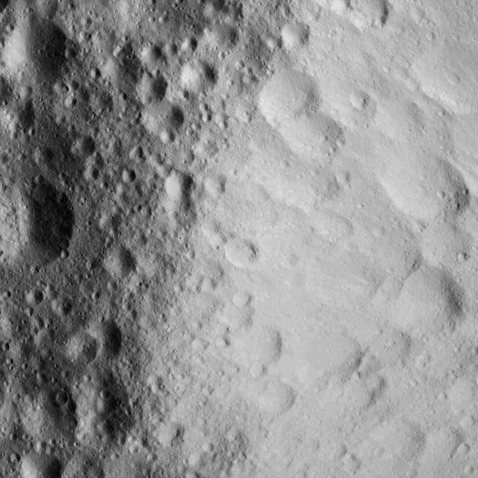 A battered crater rim on Ceres. Image captured by Dawn from 25 miles away on June 10, 2018