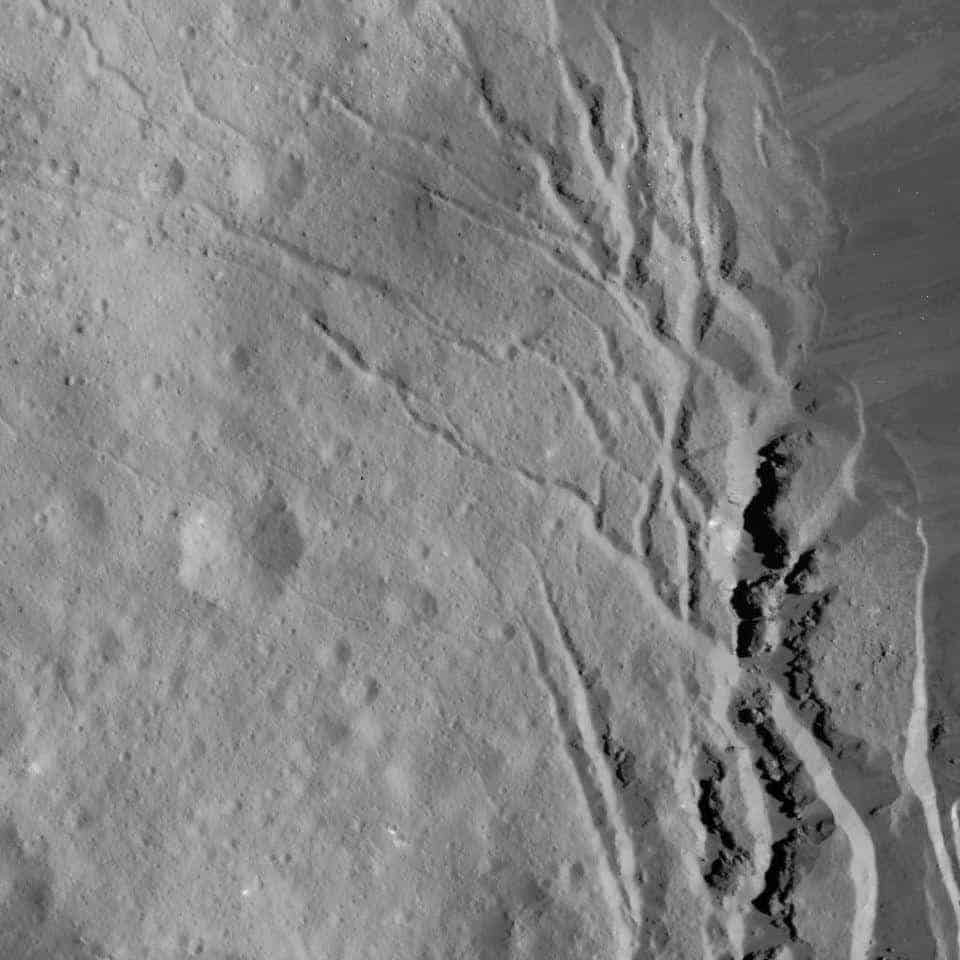 A photo of the southeastern wall of Occator Crater, captured by Dawn at an altitude of 22 miles above Ceres on June 17, 2018