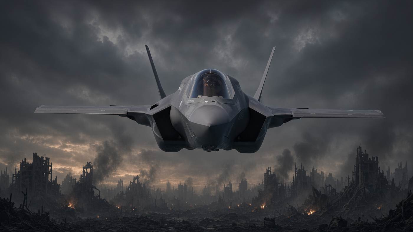 An F-35 fighter jet flying through a dark, smoke-stained sky above a distant ruined horizon