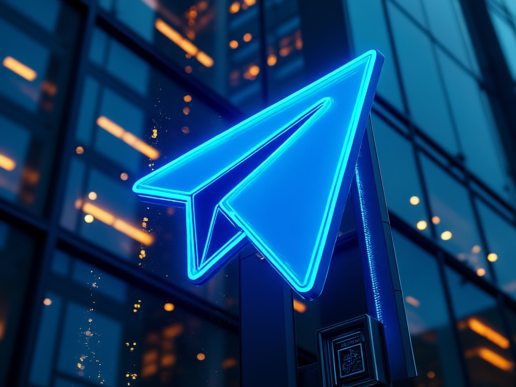 glowing blue hi tech telegram logo sign on a futuristic building French authorities arrest Telegram CEO Pavel Durov at a Paris airport for Content Moderation Failures