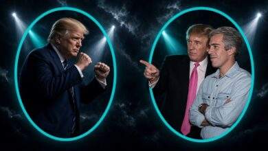 Donald Trump doing the Trump YMCA dance beside the face he made next to Jeffrey Epstein in 1992