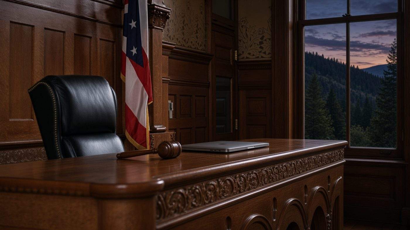 Wooden judge bench with a gavel, American flag, closed laptop, and dusk hills beyond a window