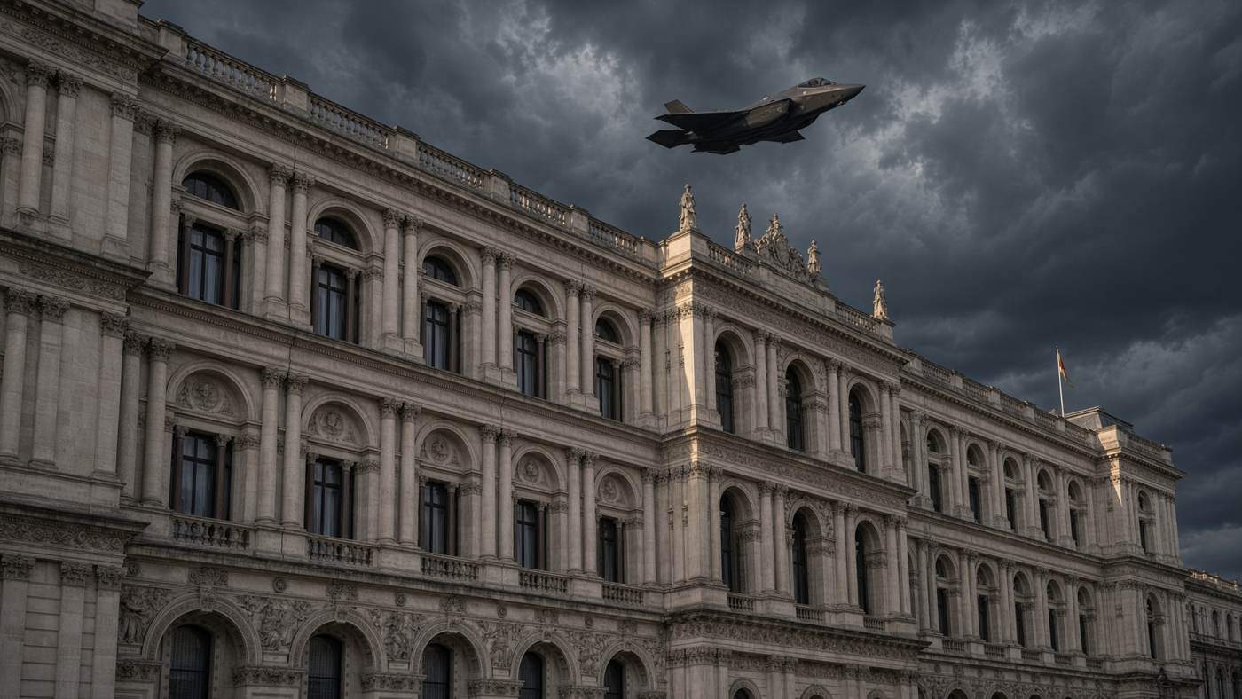 A fighter jet banks low over a neoclassical London government building at dusk