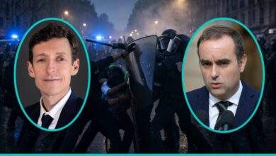 Édouard Geffray and Sébastien Lecornu in bright teal frames over riot police clashing with students during French high school protests in Paris