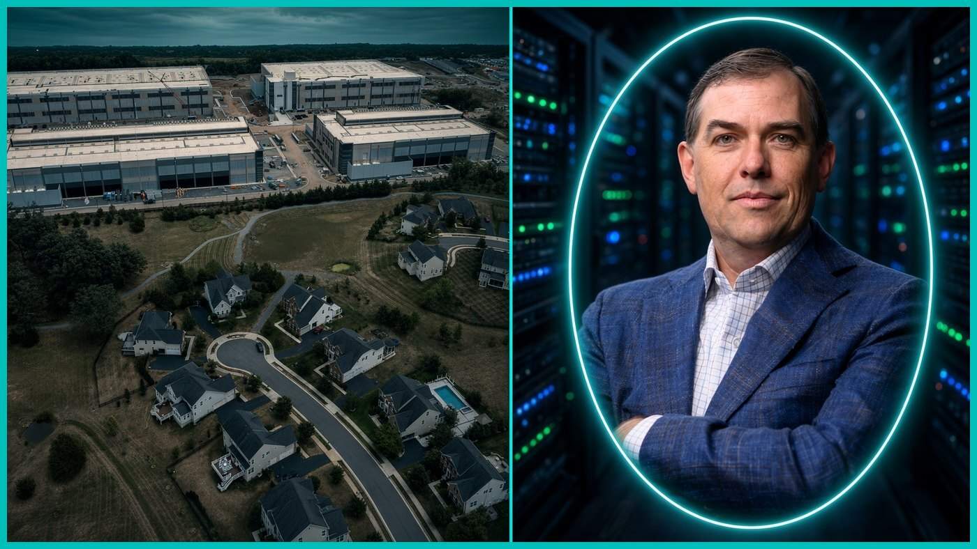 Matt Garman and the data center campuses towns are trying to slow Matt Garman in a bright teal oval beside a neighborhood pressed against warehouse-scale data centers