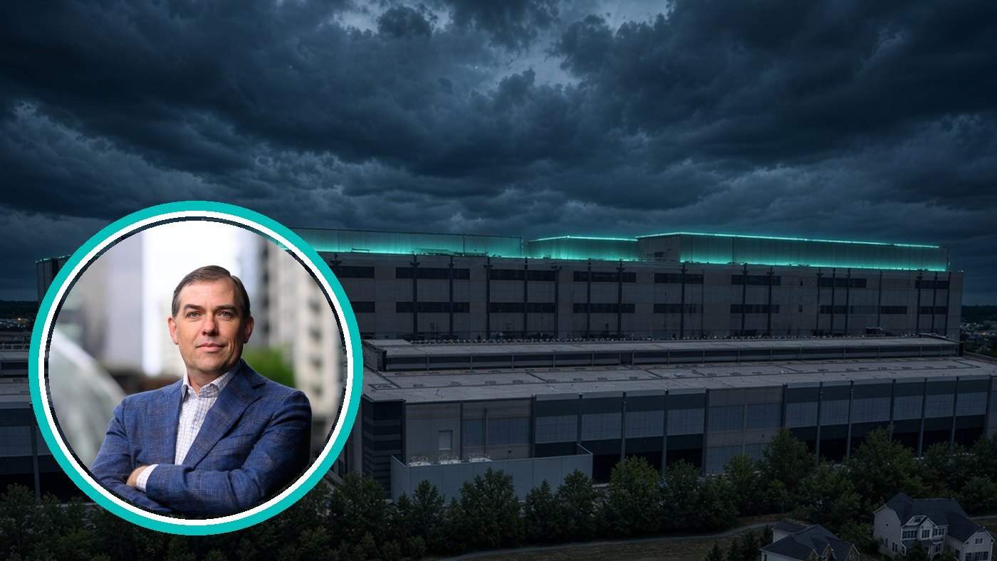 Amazon data centers looming over nearby homes Matt Garman framed in a bright teal circle in front of a looming data center under storm clouds near houses