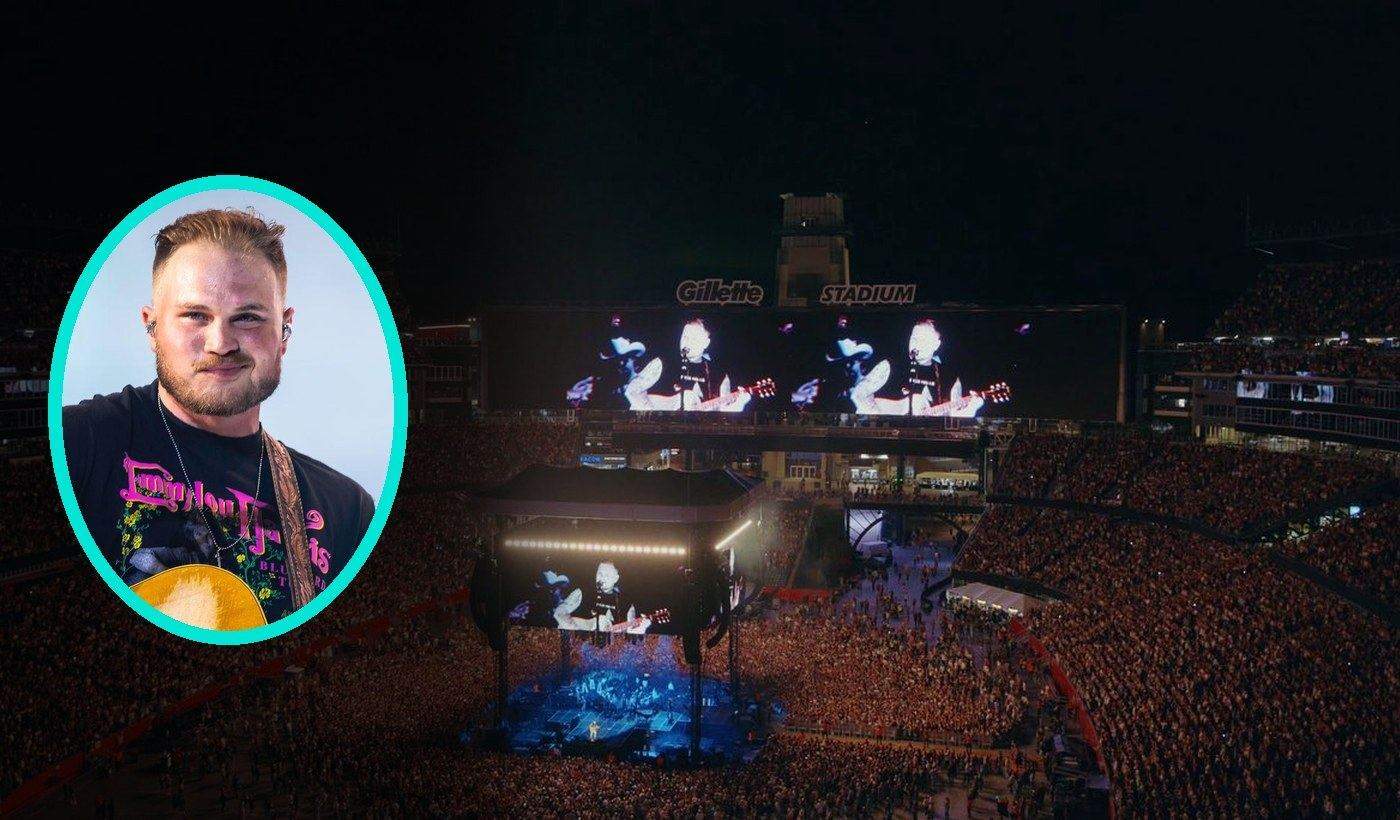 Gillette Stadium record crowd and Zach Bryan Gillette Stadium concert crowd with Zach Bryan in a teal oval during the record attendance night