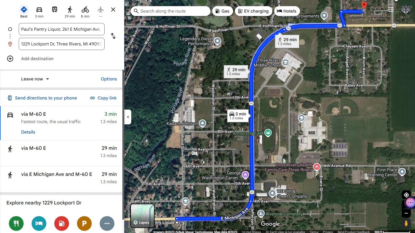 google maps pauls pantry liquor store to riverside apartments in three rivers michigan
